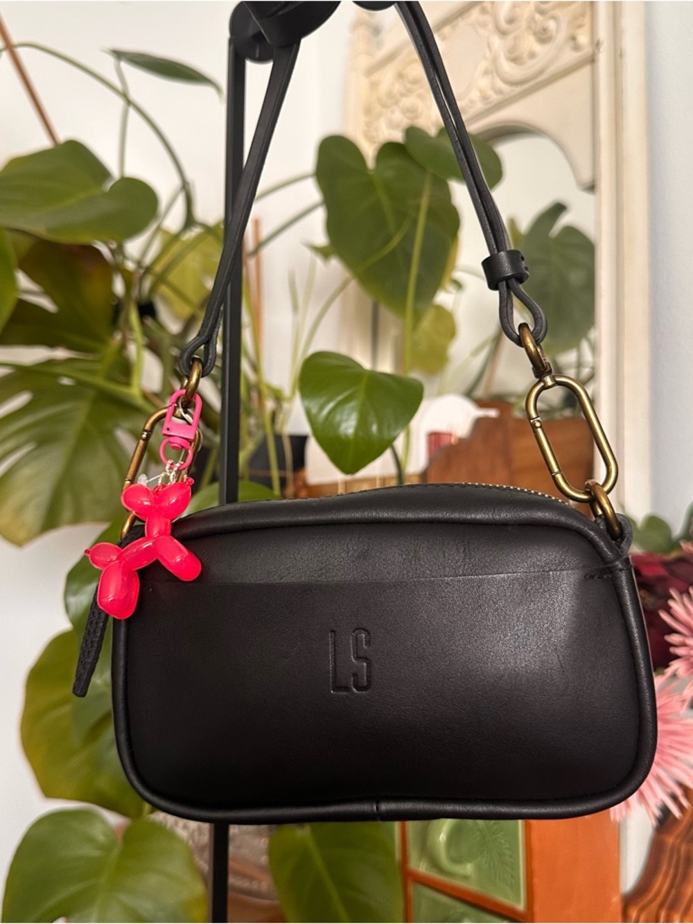 Madewell Black Leather Crossbody with Hot Pink Charm not included